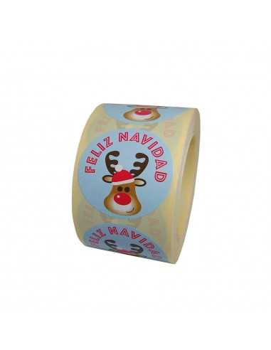 Pegatinas para regalos de navidad con dibujo de reno y fondo azul