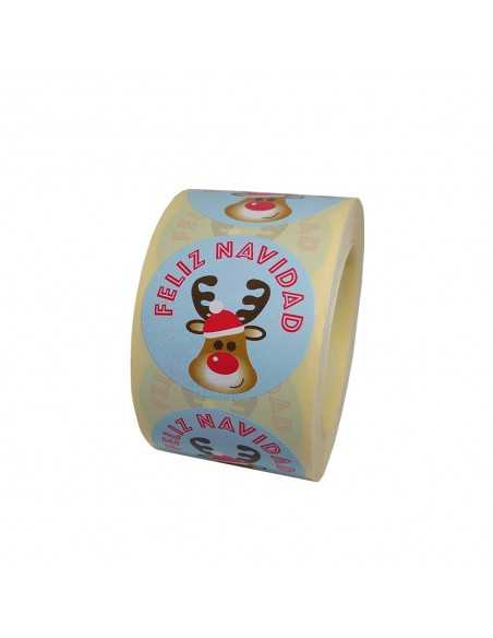 Pegatinas para regalos de navidad con dibujo de reno y fondo azul