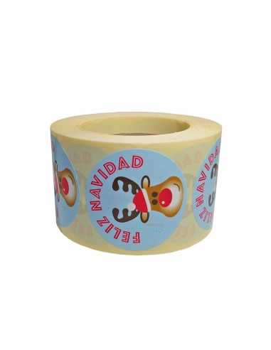 Pegatinas divertidas para regalos de navidad con dibujo de reno y fondo azul