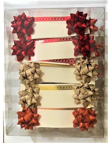 Caja 50 tarjetas con moño. Estampado brillo, lazo decorativo con nota regalo