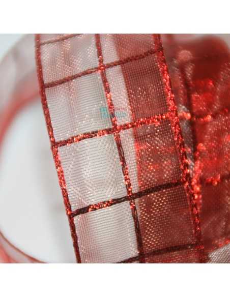 Cinta decorativa de rafia para navidad, color rojo calado con formas cuadradas