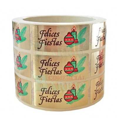Etiquetas adhesivas para Navidad "Felices Fiestas" bola y vela en papel oro
