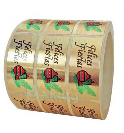 Etiquetas adhesivas para Navidad "Felices Fiestas" bola y vela en papel oro